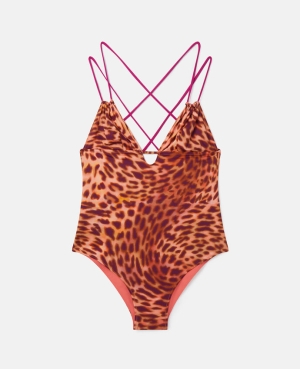 Stella McCartney Blurred Cheetah Print Cross-Back Swimsuit Badkläder Dam Rosa | 2743KVFTP