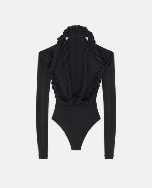 Stella McCartney Braided Rope Cut-Out V-Neck Bodysuit Jumpsuit Dam Svarta | 4591QBXEL