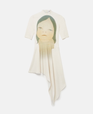Stella McCartney In The White Room Print Asymmetric Klänning Dam Grädde | 7168GEUNK