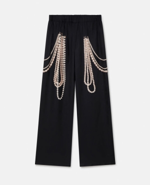 Stella McCartney Pearl Trompe L’oeil Print Silk Breda Leg Långbyxor Dam Svarta | 2450OMSRX