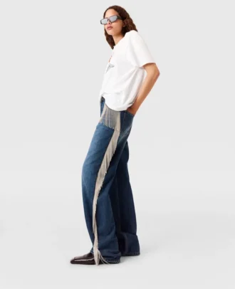 Chain Tassel Straight-Leg Denim Jeans