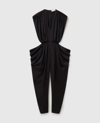 Djup V-ringad jumpsuit med axelvaddar och veck