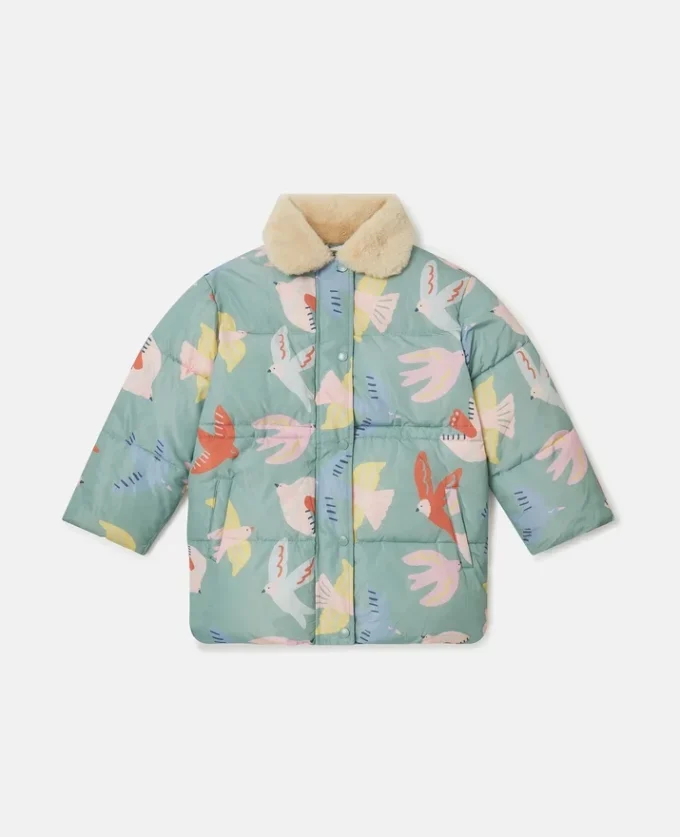 Dove Print Teddy Collar Puffer Coat Dove Print Teddy Collar Puffer Coat