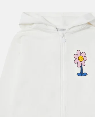 Huvtröja med dragkedja och blommig grafik