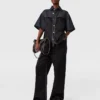 Kortärmad denimskjorta med satinpanel