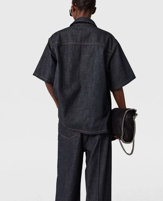 Kortärmad denimskjorta med satinpanel