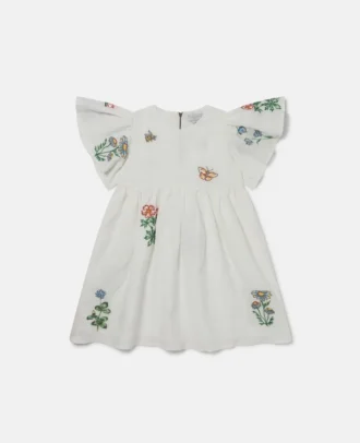 Klänning med blommig broderi och korta ärmar