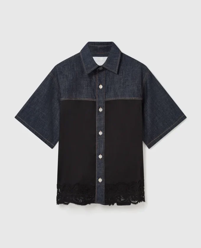 Kortärmad denimskjorta med satinpanel