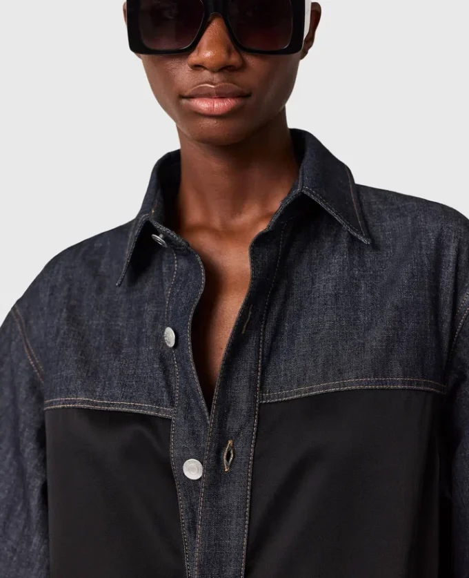 Kortärmad denimskjorta med satinpanel