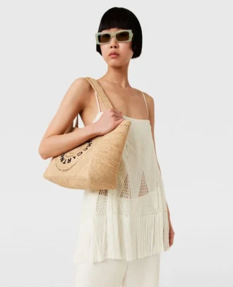 Logo Raffia Medium Tote Bag