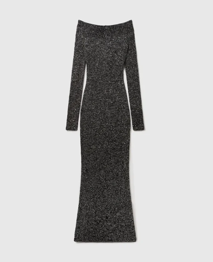 Off-shoulder-klänning i paljett med golvlängd