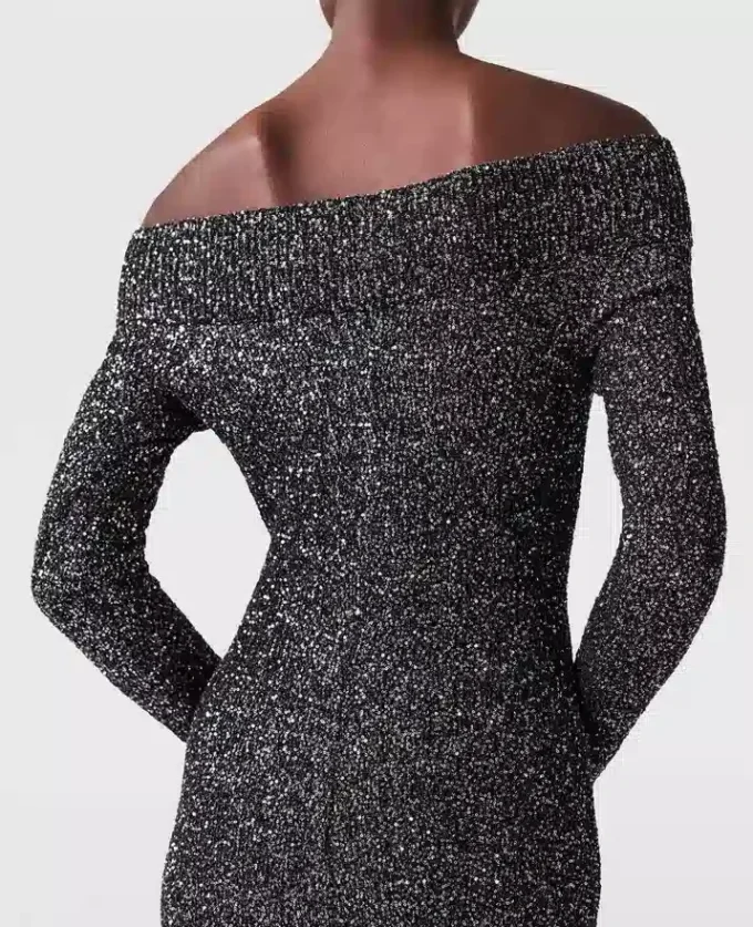 Off-shoulder-klänning i paljett med golvlängd