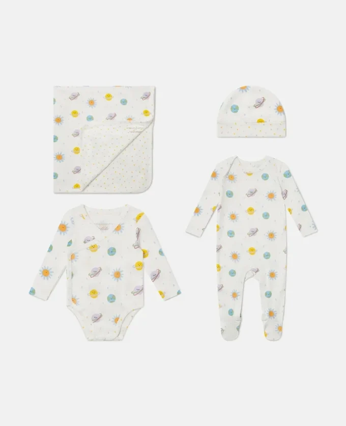 Planets Printed Romper, hatt och filt-set Planets Printed Romper, hatt och filt-set