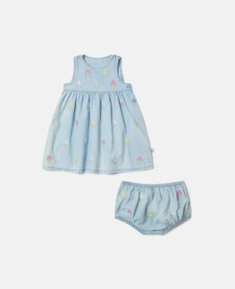 Set med broderad klänning och bloomers med glassmotiv