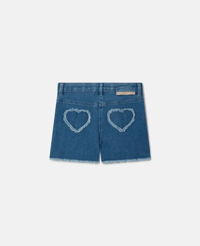 Stretch-denimshorts med fransade hjärtlapper