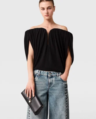 Strukturerad, axelbandslös plisserad crepe-top