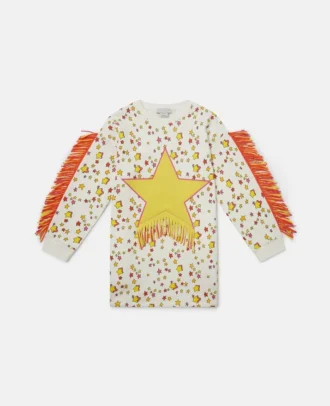 Sweatshirtklänning med stjärngrafik och fransar