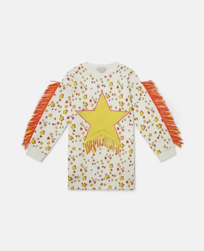 Sweatshirtklänning med stjärngrafik och fransar