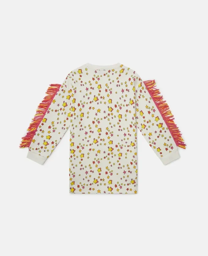 Sweatshirtklänning med stjärngrafik och fransar
