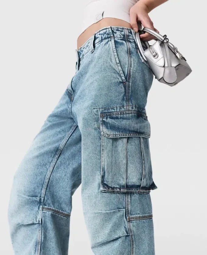 Vintage Wash Denim Cargo Jeans